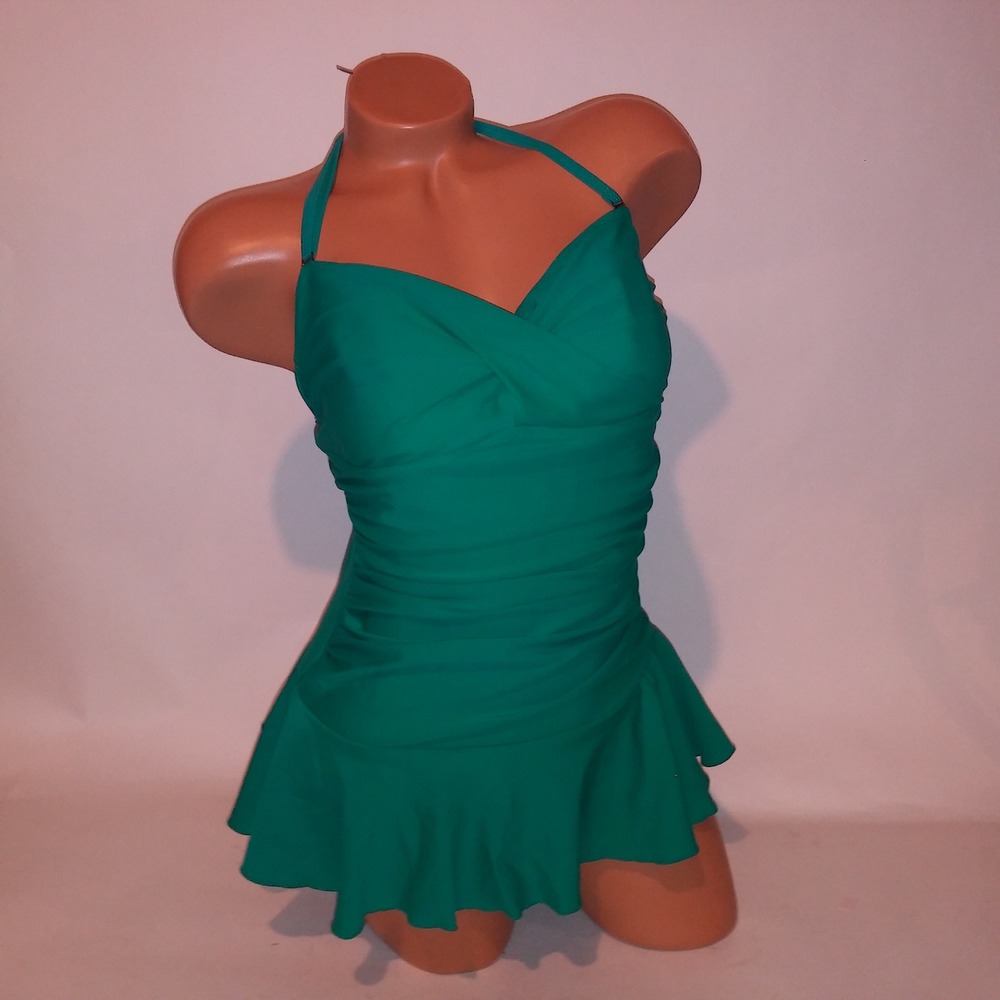 Shore Shapes One Piece Swim Size 10 Teal Solid Ruffle Lightly Lined Wireless
